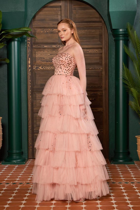 Blush Pink Layered Tulle Maxi Dress – Sparkly Strapless Evening Gown, Beaded Engagement Dress, Handmade Formal Wear