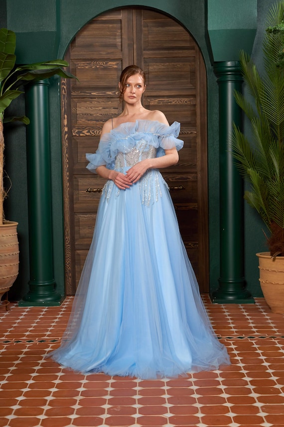 Ice Blue Off-Shoulder Tulle Evening Gown with Beaded Bodice – Handmade Formal Dress