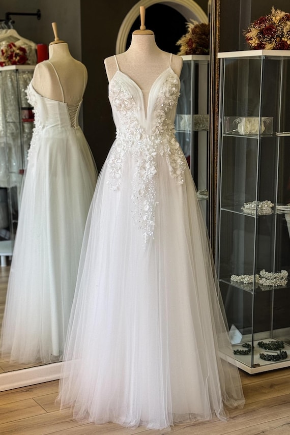 White Glitter 3D Lace Maxi Dress – Elegant Bridal Gown, Tulle Evening Dress, Handmade Wedding Dress