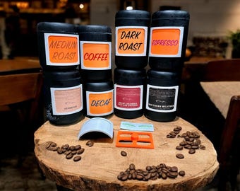 Fellow Atmos Coffee container Label holder with labels and cutting jig.