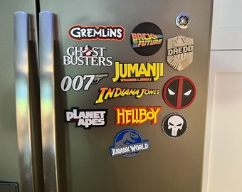 Vintage Movie Fan Art 3D Printed Magnets. Gremlins, Back to the Future, Ghost Busters, Jumanji, Dead Pool, Indiana Jones, Hellboy, and more