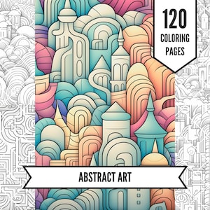 May include: A coloring book with 120 pages of abstract art. The cover features a colorful illustration of a city with buildings and geometric shapes.