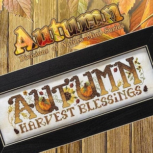 May include: A framed cross-stitch sampler with the word "AUTUMN" in large, decorative letters, featuring pumpkins and floral accents. Below, the words "HARVEST BLESSINGS" are stitched. The background includes autumn leaves and the text "Stoney Creek Collection".