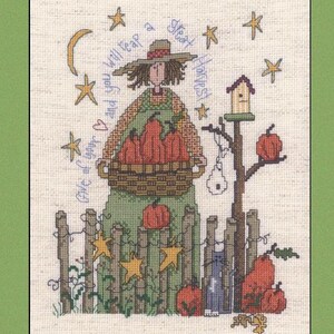May include: Cross-stitch design titled "Great Harvest" by Diane Arthurs. The image features a figure holding a basket of pumpkins, surrounded by stars, a crescent moon, and a birdhouse. The color palette includes shades of orange, green, and beige.