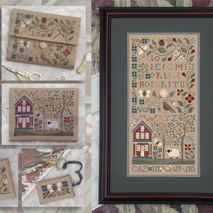 May include: A collection of cross-stitch samplers and accessories. The image includes a framed sampler with a house, tree, and alphabet design. Other items include a needle holder with embroidery floss, a small pouch, and scissors. The text "CAZ LETT 2015" is visible.