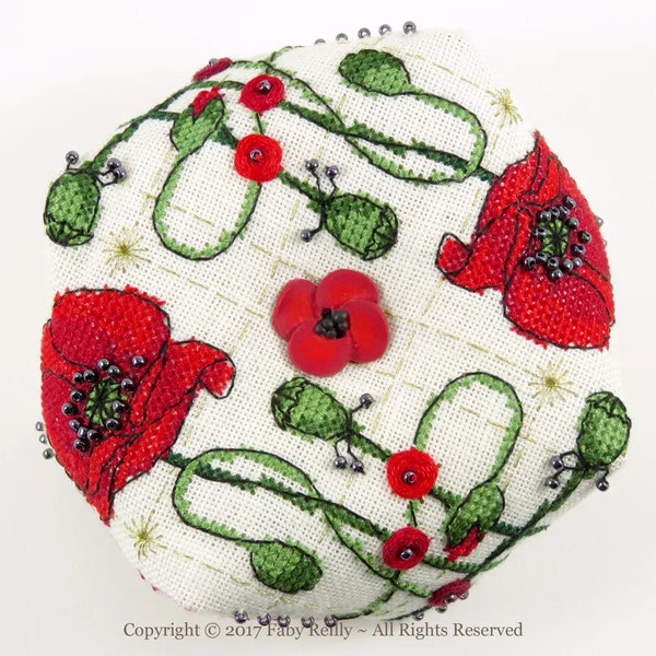 Poppy Biscornu by Faby Reilly Designs - Counted cross stitch pattern - Hard copy