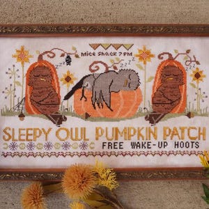 May include: A framed cross-stitch design featuring a sleeping owl nestled in a pumpkin with the text "Sleepy Owl Pumpkin Patch" and "Free Wake-Up Hoots".
