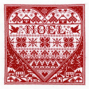 May include: A red and white cross-stitch design featuring a heart shape filled with holiday motifs. The word "NOEL" is prominently displayed, surrounded by houses, snowflakes, trees, and birds. The design is on a white background.