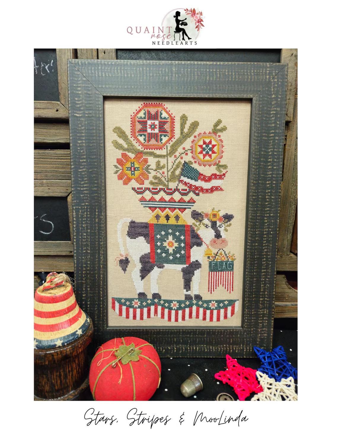 Stars, Stripes, & MooLinda by Quaint Rose Needlearts - Counted cross stitch pattern - Hard copy