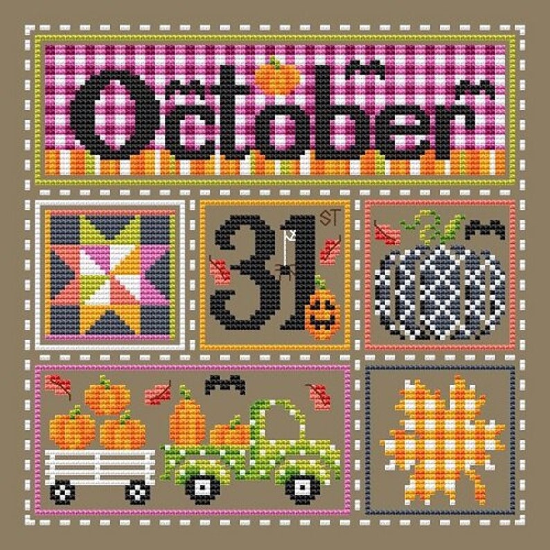May include: Cross-stitch design with the word "October" above a series of Halloween-themed squares. The squares feature a star, the number 31, a pumpkin, a truck carrying pumpkins, and a fall leaf. The design uses orange, black, green, and pink.
