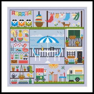 May include: A cross-stitch design with a summer theme. The image features a beach scene with a blue and white umbrella, a table, and chairs. Other elements include a pool, a flamingo float, a food cart, and a camper. The word "SUMMER" is at the top.