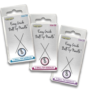 May include: Three packages of Sullivans Easy Guide Ball-Tip Needles in sizes 24, 26, and 28. Each package contains two needles and has a silver background with the brand name and size printed on it.