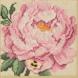 Può includere: Tela per punto aghi raffigurante un grande fiore di peonia rosa con un centro giallo e foglie verdi. Una piccola ape è attaccata al fiore. La tela è su uno sfondo beige chiaro.