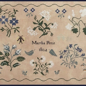 Martha Pettit 1804 della contea di Chester, Pennsylvania, di Queenstown Sampler Designs - Schema per punto croce - Copia cartacea