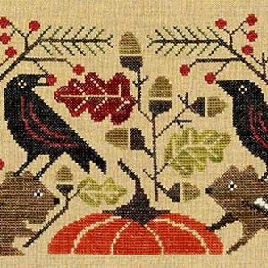 Può includere: Un ricamo a punto croce su tessuto color marrone chiaro raffigurante due uccelli neri, due scoiattoli striati marroni, una zucca arancione centrale ed elementi autunnali tra cui bacche rosse, foglie di quercia verdi e rosse e ghiande marroni.