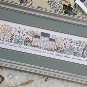 May include: A cross-stitch embroidery of a house with a garden in bloom. The garden features a variety of flowers, including forsythia, lilies, hyacinths, tulips, crocuses, spring, scilla, daffodils, alliums, irises, and dogwood. The embroidery is framed in a light green frame.