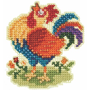 May include: A colorful beaded cross stitch pattern of a rooster standing on a bed of green grass with small orange flowers. The rooster is red, orange, yellow, blue, and purple.