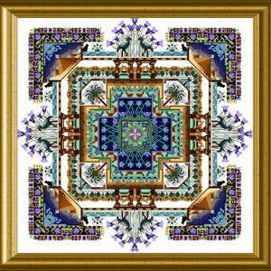 Könnte beinhalten: Ein quadratisches Kreuzstich-Stickmuster mit einem symmetrischen Design und ägyptisch inspirierten Motiven, darunter Palmen, Ibisse, Lotusblumen und geometrische Ränder in Blau-, Grün-, Gold- und Schwarztönen, eingefasst in einem goldenen Rahmen.