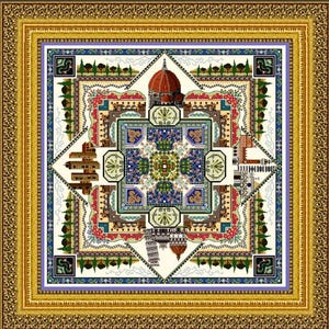 Könnte beinhalten: Eine quadratische Kreuzstichstickerei mit einem symmetrischen Design italienischer Architekturdenkmäler, darunter die Kuppel des Florentiner Doms und der Schiefe Turm von Pisa, umgeben von Zypressen und komplexen Blumenmustern in einem Goldrahmen.