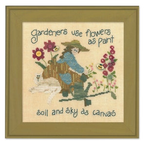 Gardeners Paint by Art to Heart Just Another Button Company - Counted cross stitch pattern with button pack