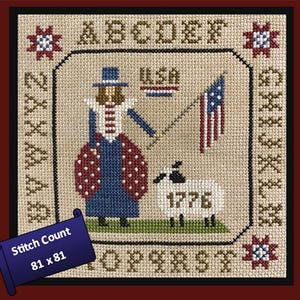 May include: Cross-stitch sampler featuring a colonial woman holding a US flag, a sheep with "1776", and the word "USA". The design includes the alphabet and decorative stars. The stitch count is 81 x 81.