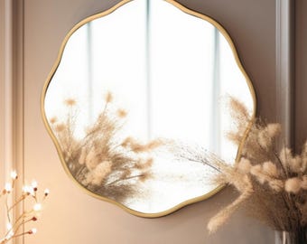 Luxury Gold Framed Wooden Wall Mirror with Elegant Scalloped Design – Perfect Accent for Bedroom, Vanity, Entryway or Living Room Decor