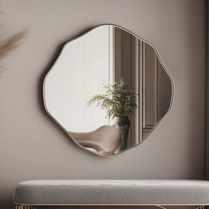 Gold Scalloped Asymmetrical Circular Wall Mirror – Statement Organic Vanity Mirror for Bathroom, Bedroom & Entryway