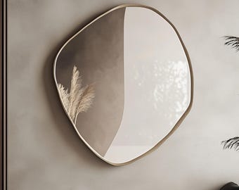 Circular Asymmetrical Mirror – Elegant Modern Wall Mirror, Luxury Gold Wooden Frame, Irregular Statement Home Décor, Entryway & Living Room