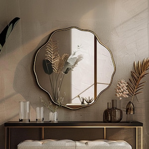 Luxury Gold Framed Wall Mirror – Elegant Wavy Shape, Handcrafted Gold Leaf Finish, Vanity & Entryway Decor