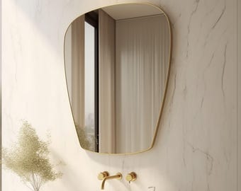 Modern Gold Framed Bathroom Mirror with Unique Asymmetrical Shape, Luxury Wall Mirror for Vanity, Bedroom, or Entryway Decor
