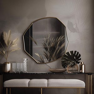 Espejo de pared geométrico de lujo con marco de madera dorado: un detalle decorativo moderno para sala de estar, entrada y baño.