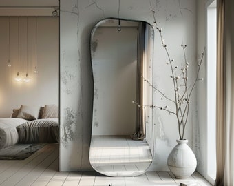 Full Length Mirror Irregular Body Mirror, Curved Frameless Wall Mounted Mirror for Aesthetic Home Decor, Bedroom Gift