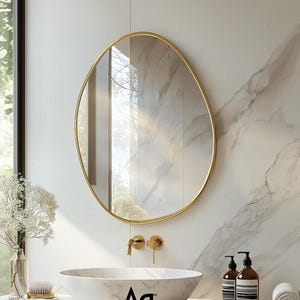 Luxury Gold-Framed Organic Oval Asymmetrical Wall Mirror – Statement Minimalist Decor for Bathroom, Entryway & Vanity
