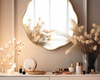 Luxury Gold Framed Wooden Wall Mirror with Elegant Scalloped Design – Perfect Accent for Bedroom, Vanity, Entryway or Living Room Decor