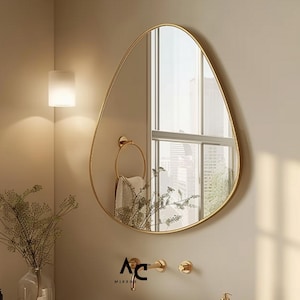 Modern Asymmetrical Wood Wall Mirror – Gold Frame, Organic Shape for Entryway, Vanity & Living Room