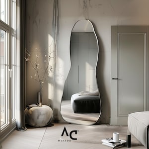 Full Length Mirror Curved Irregular Body Mirror - Aesthetic Wall Mounted Mirror for Home Decor, Frameless Tall Fitroom or Bedroom Gift