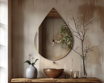 Modern Wooden Raindrop Wall Mirror for Entryway, Boho Rustic Wall Art, Minimalist Vanity Mirror, Living Room Hanging Decor
