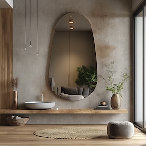 Pill Shaped Wood Frame Mirror for Bathroom Vanity, Modern Long Wall Mirror in Black White or Gold, Elegant Frameless Look Home Decor