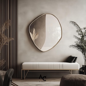 Asymmetrical Mirror Circular Wall Decor with Scalloped Gold Frame, Glam Powder Room Mirror, Round Bathroom Wall Mirror Gift