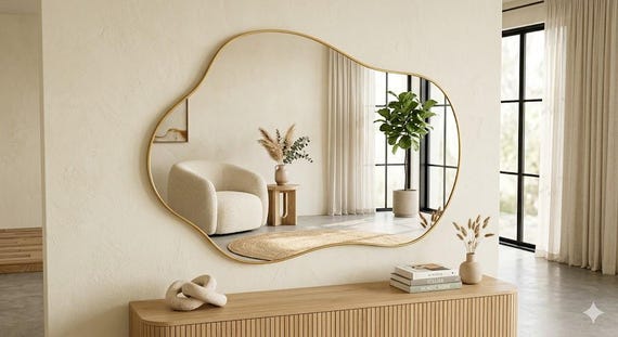 Asymmetrical Organic Mirror, Gold Black White Frame, Modern Entryway Decor