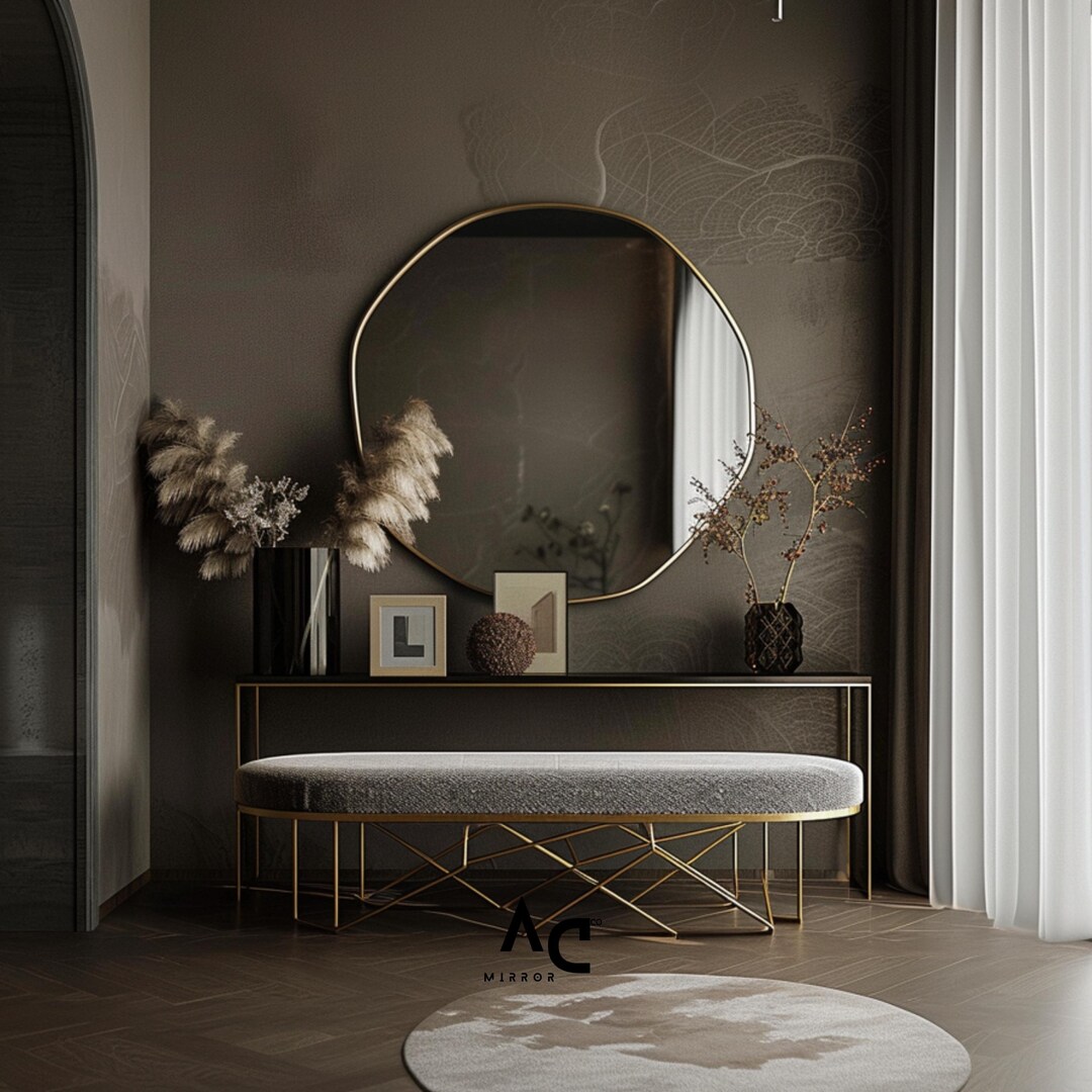 Luxury Modern Asymmetrical Gold Wooden Frame Wall Mirror – Elegant Home ...