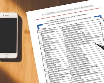Könnte beinhalten: Eine Checkliste zur Übernahme einer Segelyacht. Die Checkliste ist in deutscher Sprache und enthält eine Liste von Punkten, die auf dem Deck zu überprüfen sind, wie z. B. Deck, Segel, Anker und Rigg.
