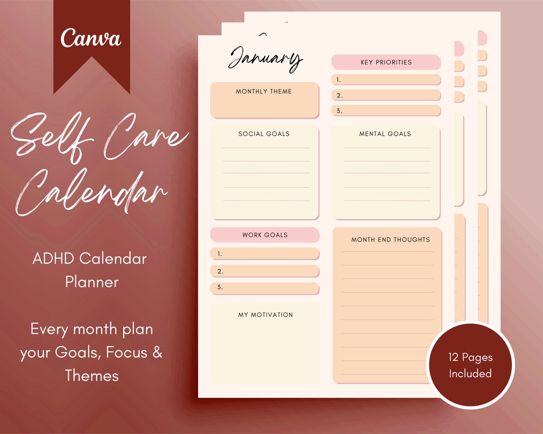 ADHD Calendar Self Care Planner Mental Health Planner PDF Etsy