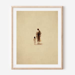 Jesús con un niño Póster cristiano Impresión bíblica Obra de arte Estilo minimalista Jesucristo y niños, Jesús caminando y sosteniendo la mano de un niño