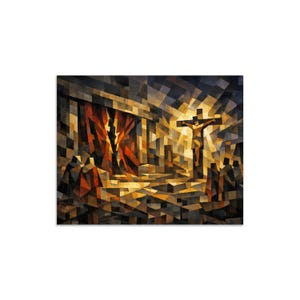Puede incluir: Pintura geométrica abstracta que representa una escena religiosa. La obra presenta un crucifijo en el centro, con figuras y elementos arquitectónicos representados en un estilo de mosaico. Los colores dominantes incluyen tonos cálidos de marrón, naranja y dorado.