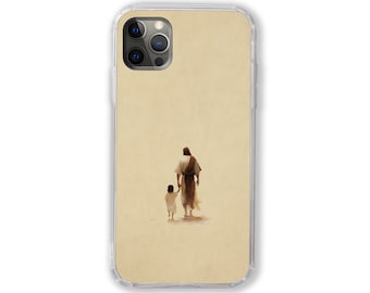 May include: A clear phone case with a beige background featuring a painting of a man and a child walking away from the viewer. The man is wearing a long robe and the child is wearing a shorter robe.
