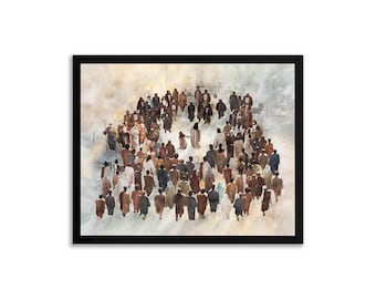 May include: A framed print depicting a crowd of people in various shades of brown, beige, and black. The artwork has a watercolor style, with soft edges and a muted color palette. The frame is black.