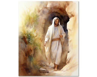 Puede incluir: Pintura a la acuarela de una figura con túnicas blancas saliendo de una estructura de piedra. La figura tiene cabello castaño largo y un halo. El fondo presenta una paleta de colores suaves y cálidos con toques de verde y marrón.
