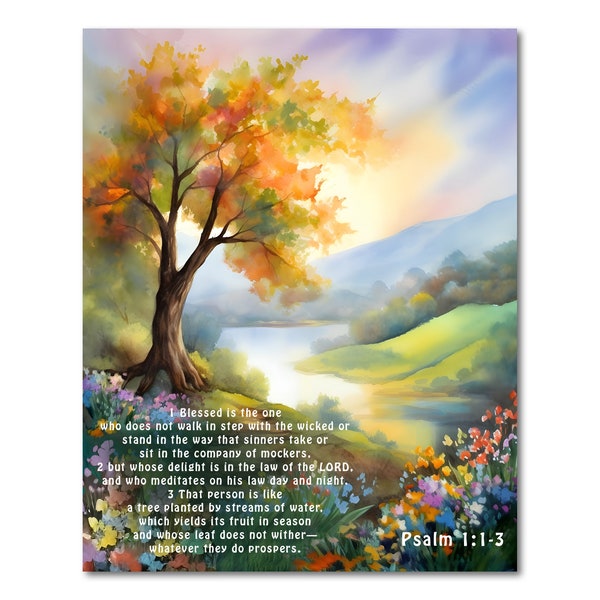 Psalm 1, Christian Art Poster Print, Bible Quote, Watercolor Style Painting Picture, a Tree Planted by Streams of Water, Sunday School Gift
