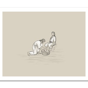May include: A black and white line drawing of a person kneeling and washing the feet of another person sitting on a bench. The person washing the feet is holding a basin of water.